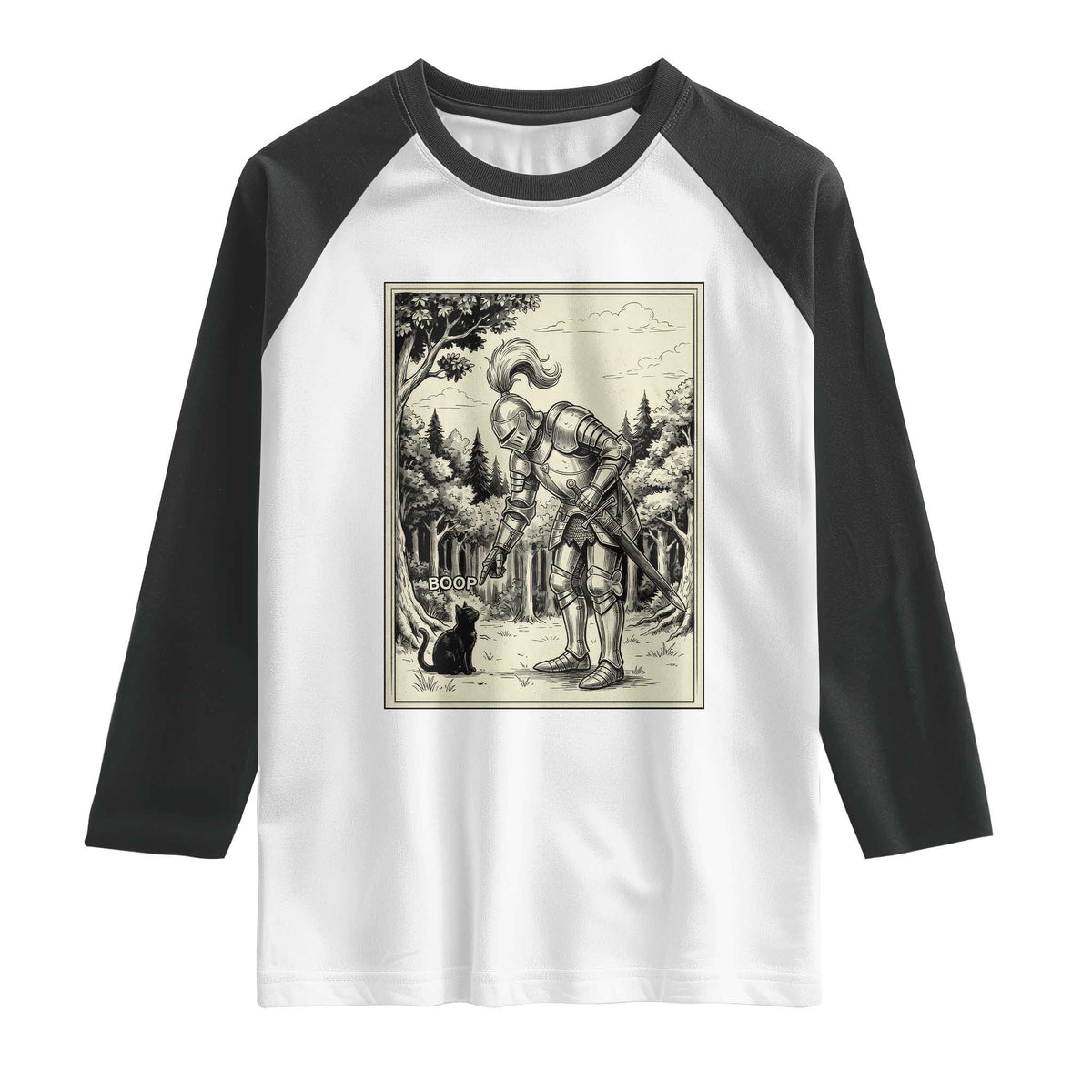Funny Medieval Knight Boop Black Cat Raglan Shirt Renaissance Fantasy Cat Lover