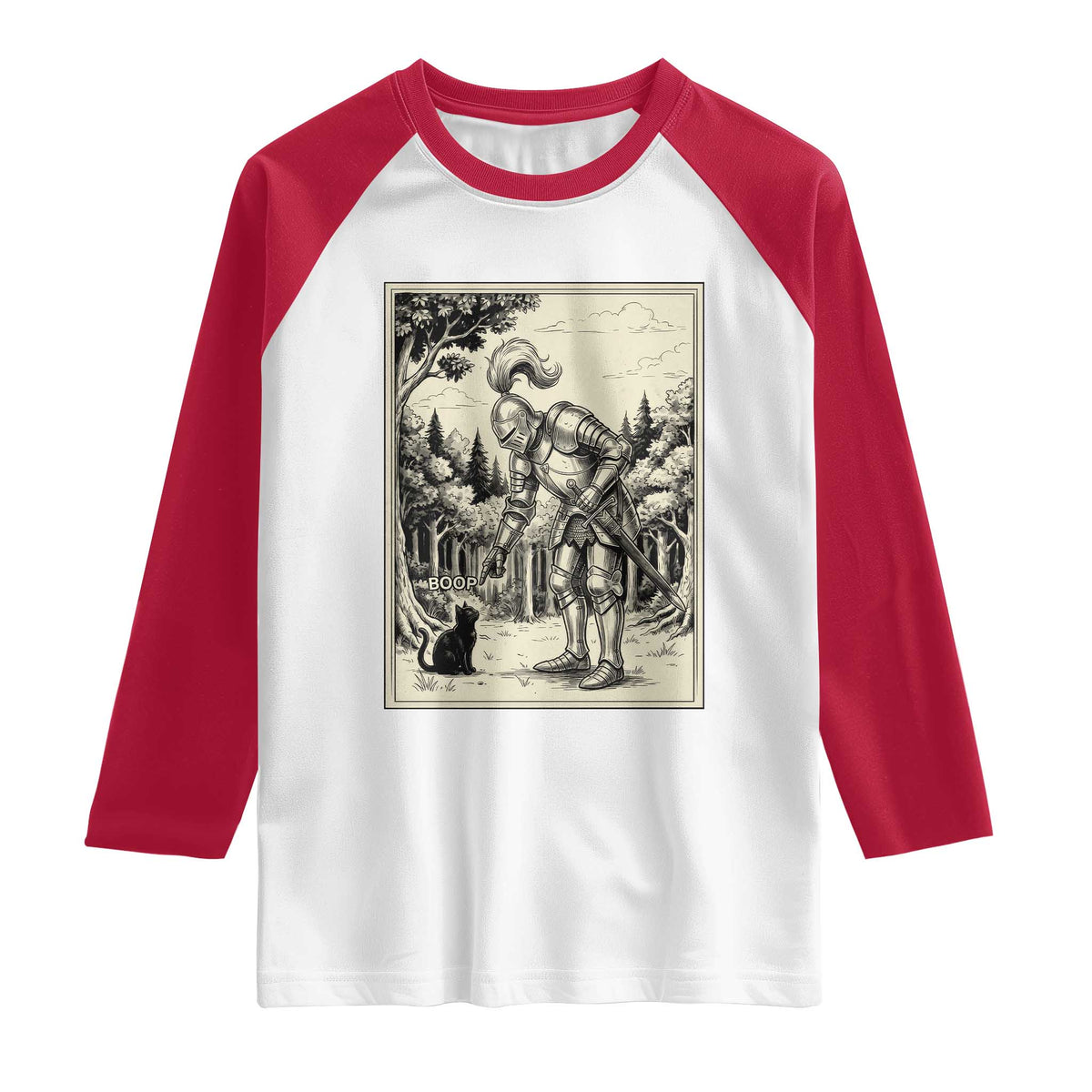 Funny Medieval Knight Boop Black Cat Raglan Shirt Renaissance Fantasy Cat Lover
