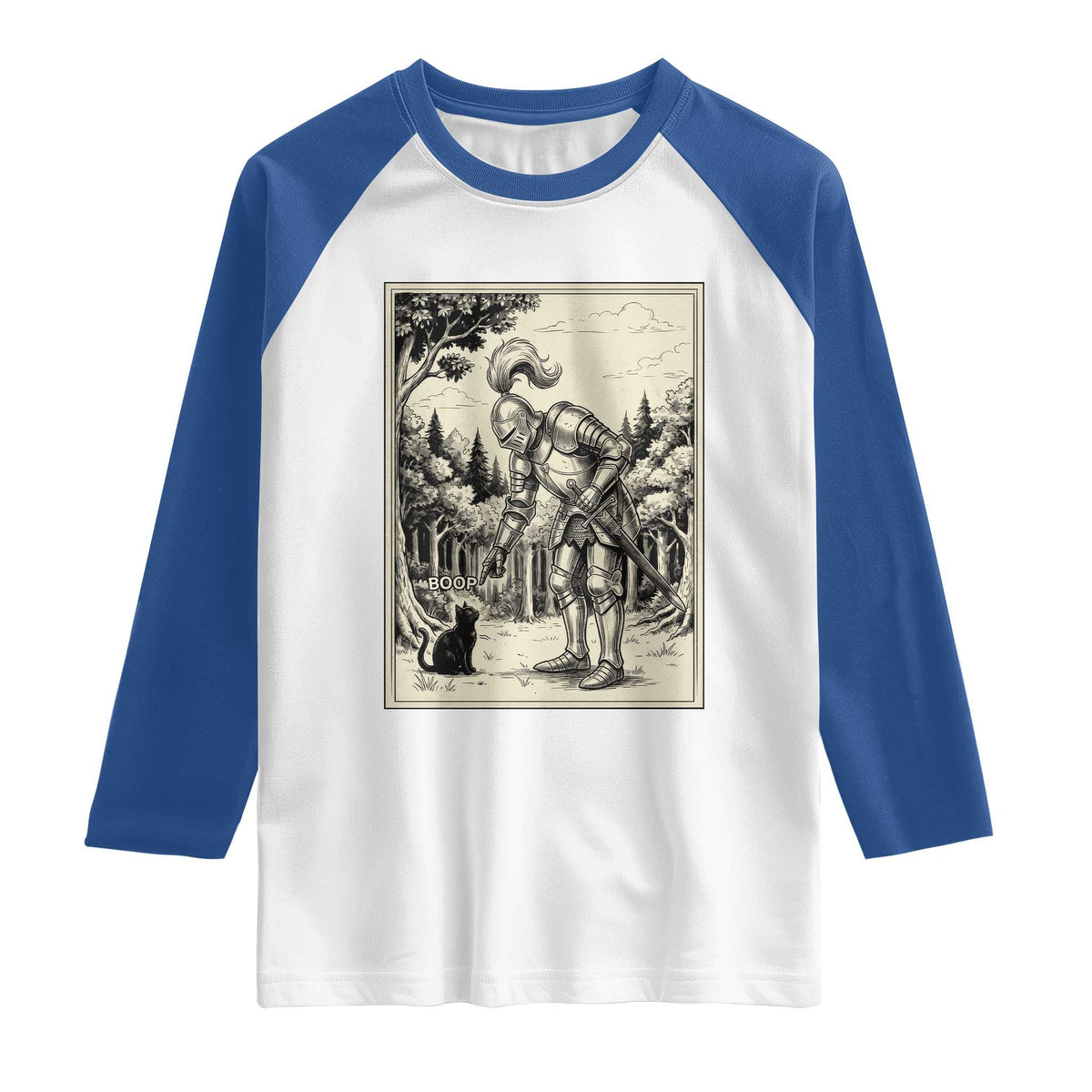 Funny Medieval Knight Boop Black Cat Raglan Shirt Renaissance Fantasy Cat Lover