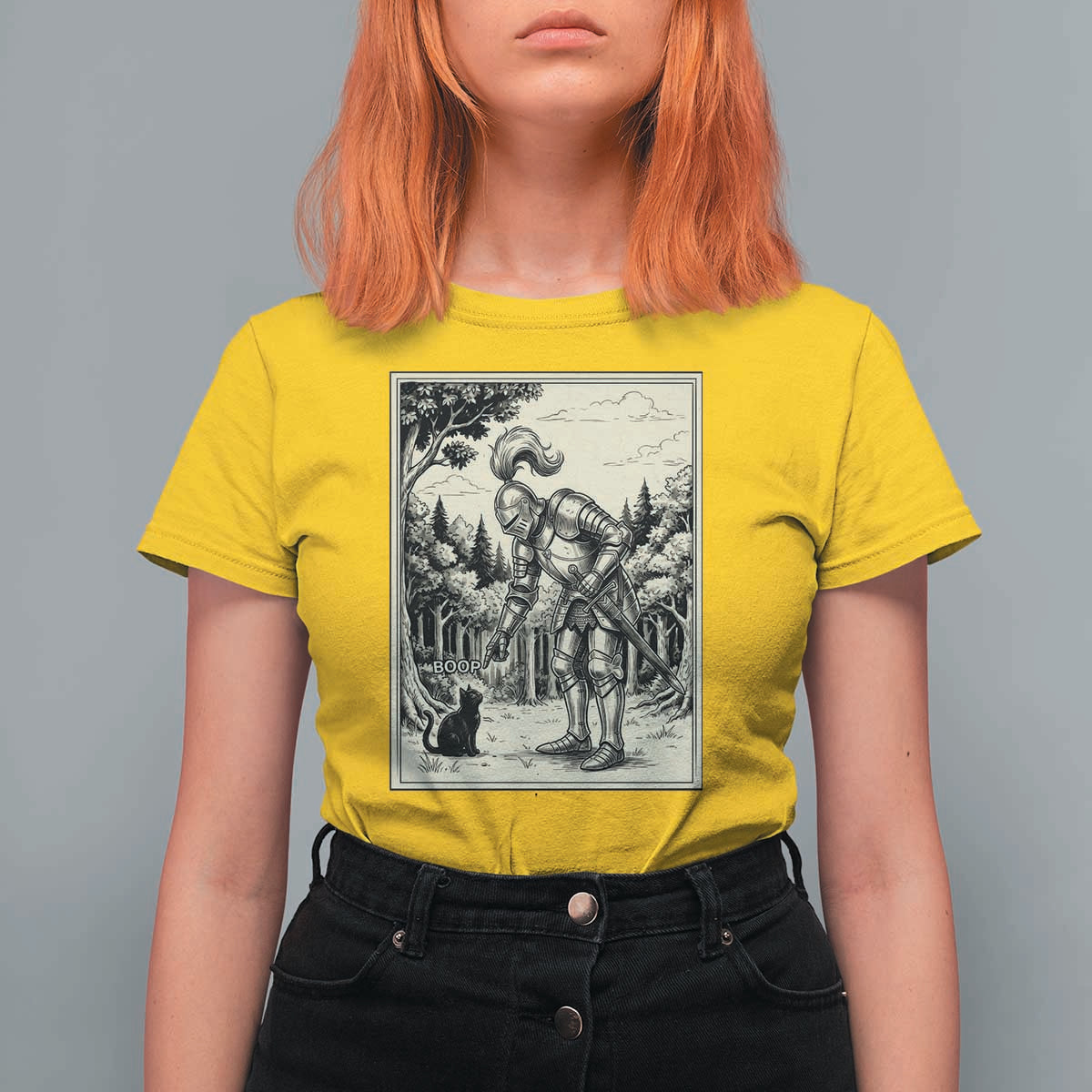 Funny Medieval Knight Boop Black Cat T Shirt For Women Renaissance Fantasy Cat Lover