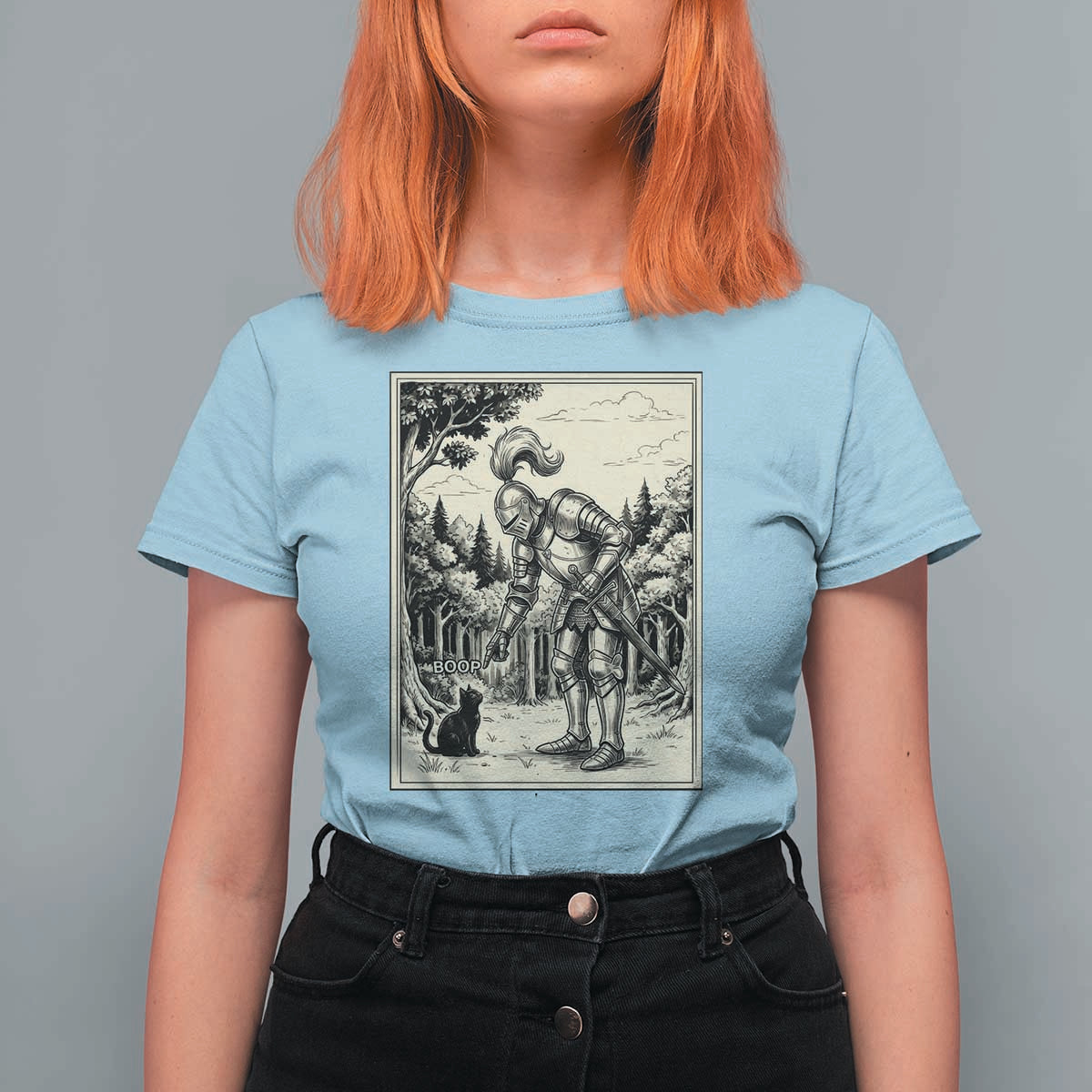 Funny Medieval Knight Boop Black Cat T Shirt For Women Renaissance Fantasy Cat Lover