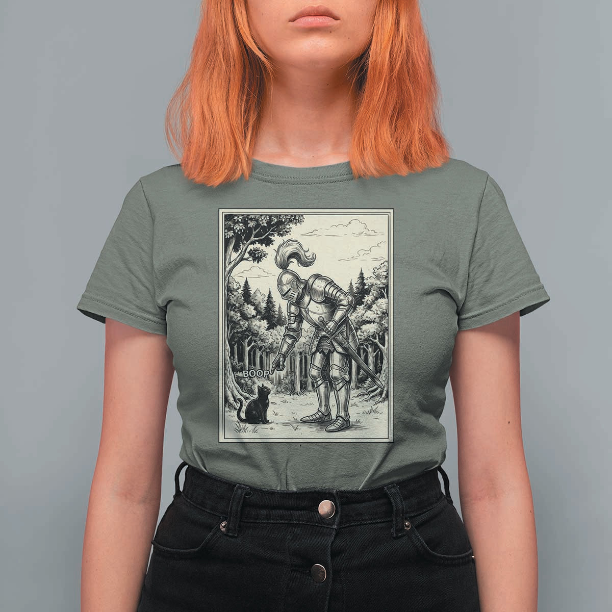 Funny Medieval Knight Boop Black Cat T Shirt For Women Renaissance Fantasy Cat Lover