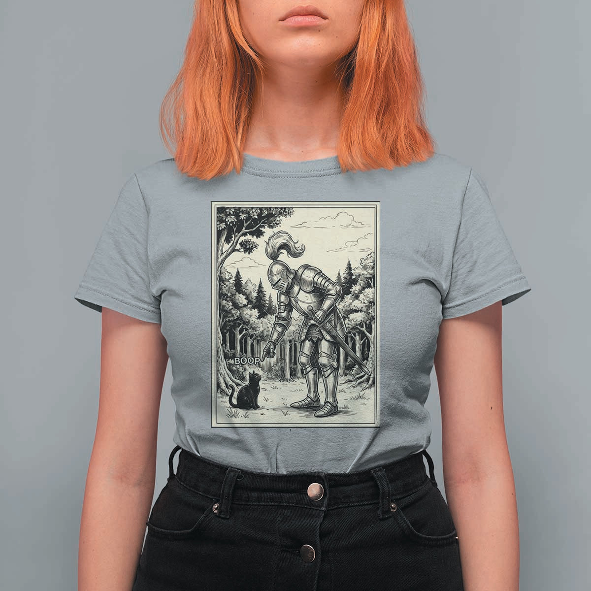 Funny Medieval Knight Boop Black Cat T Shirt For Women Renaissance Fantasy Cat Lover