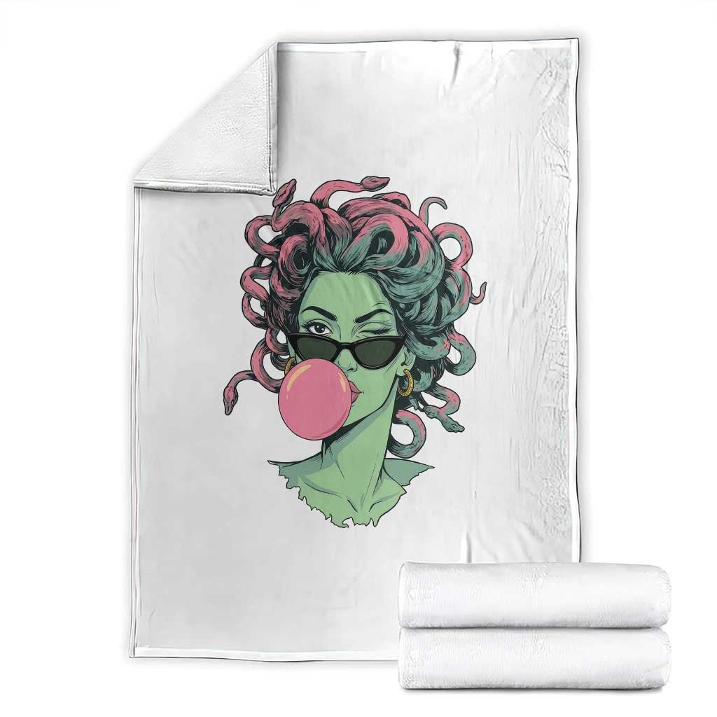 Winking Medusa In Sunglasses Blowing Bubble Gum Throw Blanket Funny Greek Mythology Pop Art