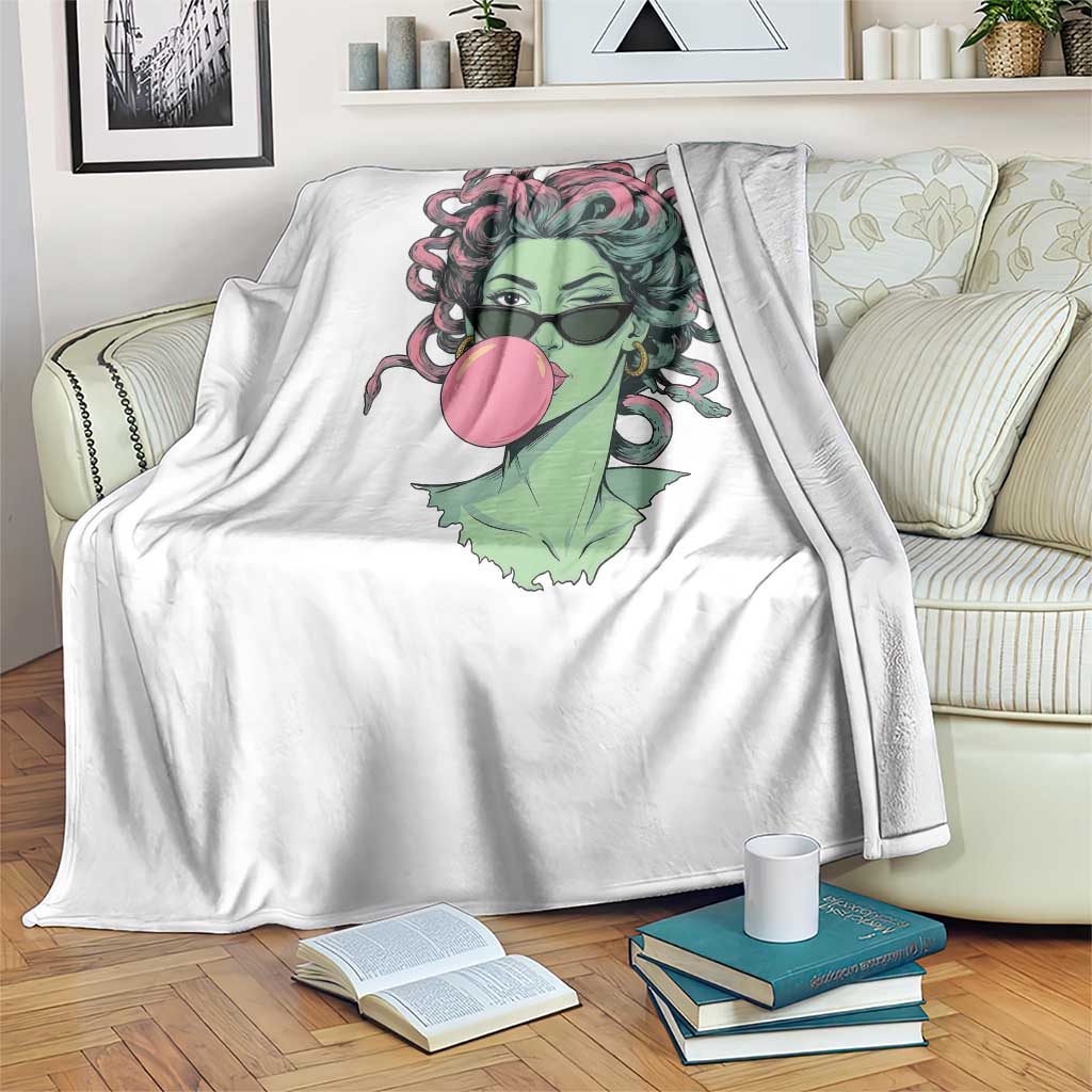 Winking Medusa In Sunglasses Blowing Bubble Gum Throw Blanket Funny Greek Mythology Pop Art