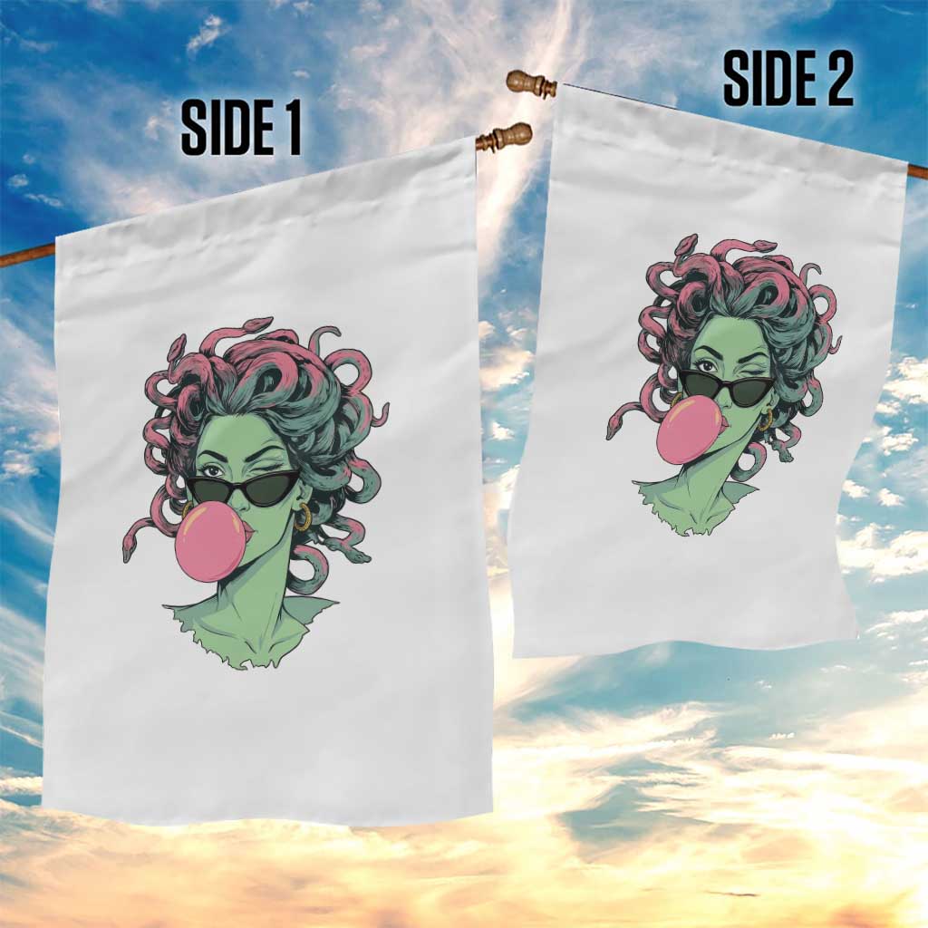 Winking Medusa In Sunglasses Blowing Bubble Gum Garden Flag Funny Greek Mythology Pop Art