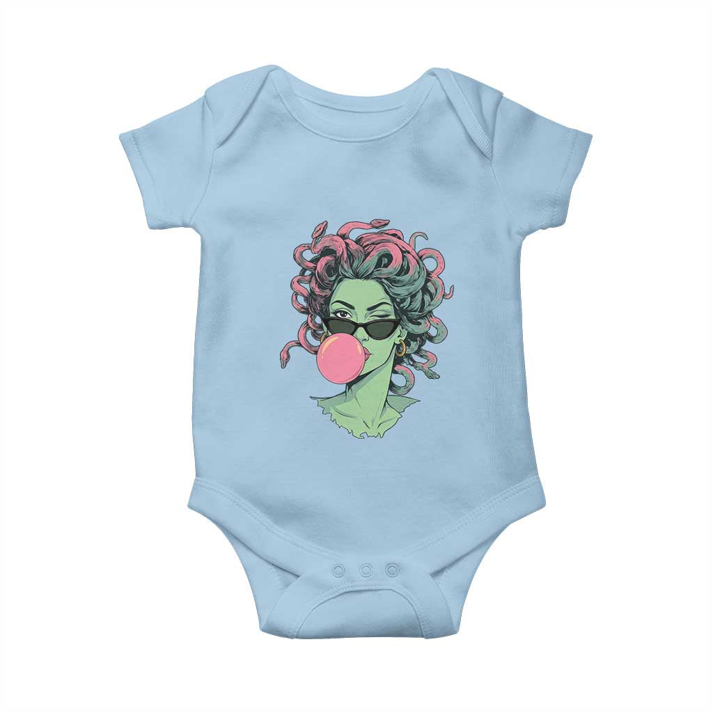 Winking Medusa In Sunglasses Blowing Bubble Gum Baby Onesie Funny Greek Mythology Pop Art