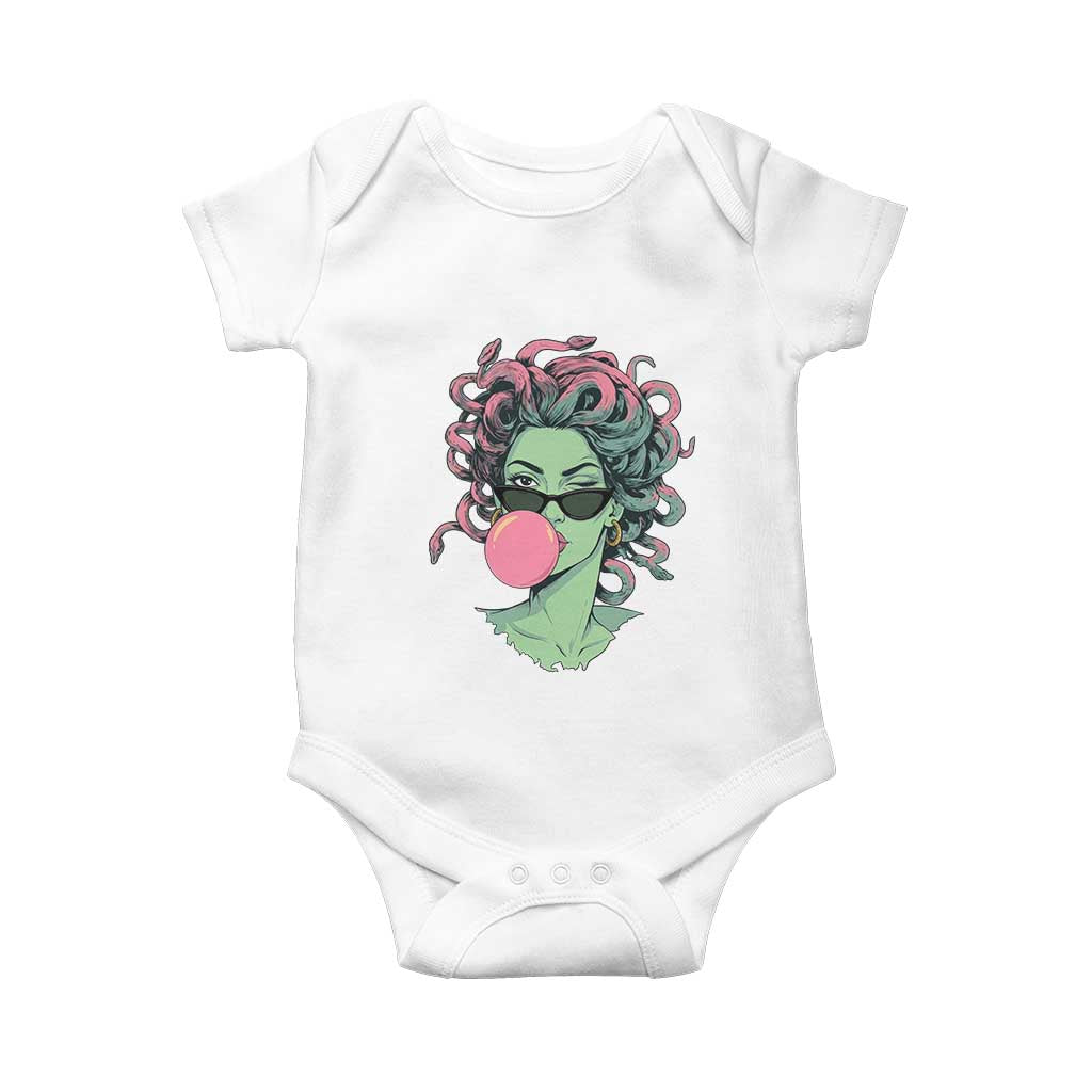 Winking Medusa In Sunglasses Blowing Bubble Gum Baby Onesie Funny Greek Mythology Pop Art