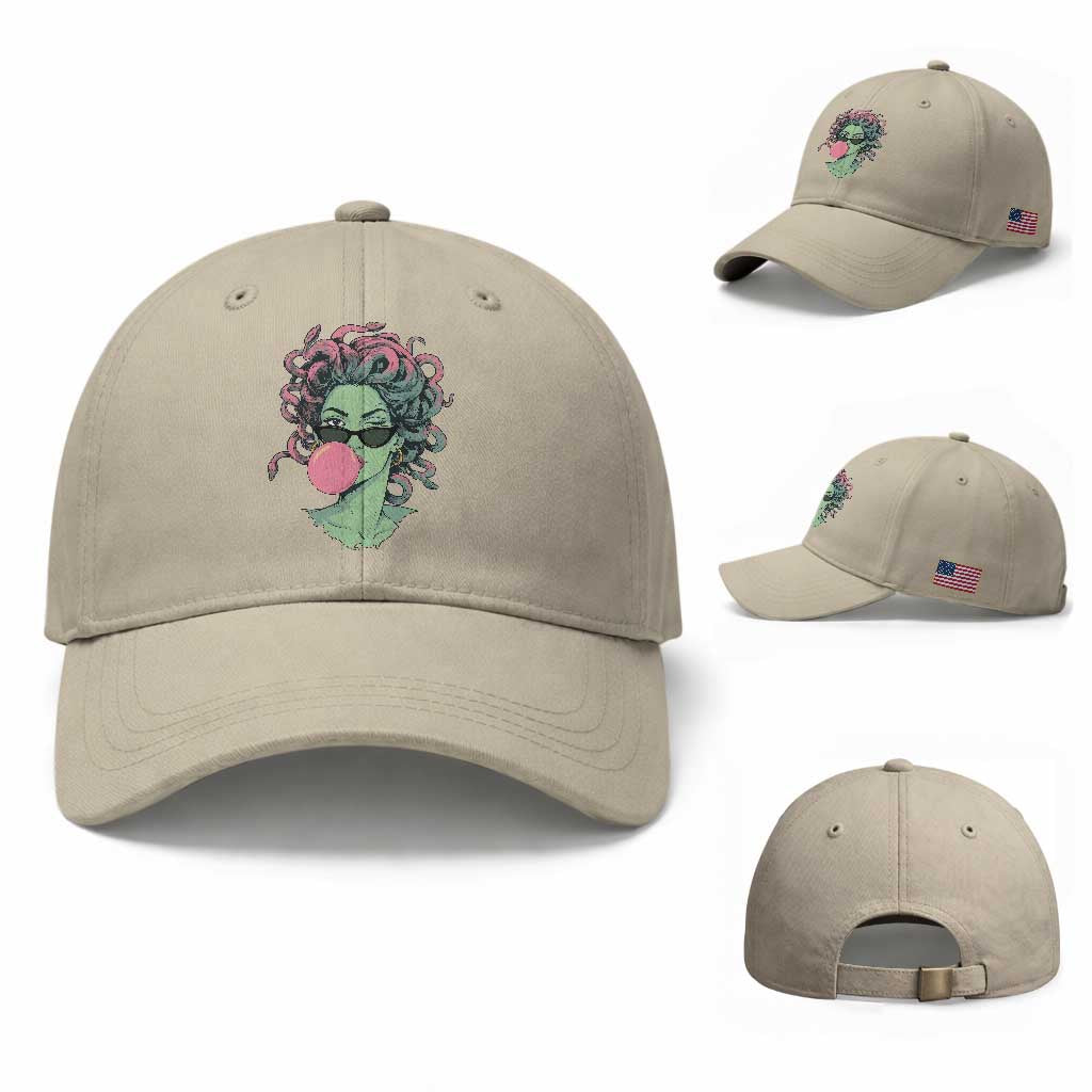 Winking Medusa In Sunglasses Blowing Bubble Gum Baseball Cap Funny Greek Mythology Pop Art