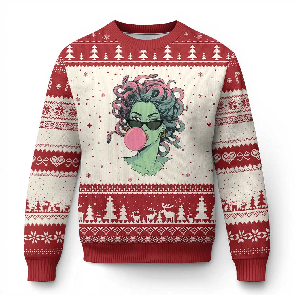 Winking Medusa In Sunglasses Blowing Bubble Gum Ugly Christmas Sweater Funny Greek Mythology Pop Art