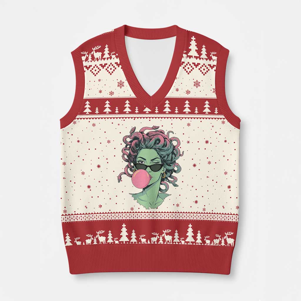 Winking Medusa In Sunglasses Blowing Bubble Gum V-Neck Knit Sweater Vest Funny Greek Mythology Pop Art
