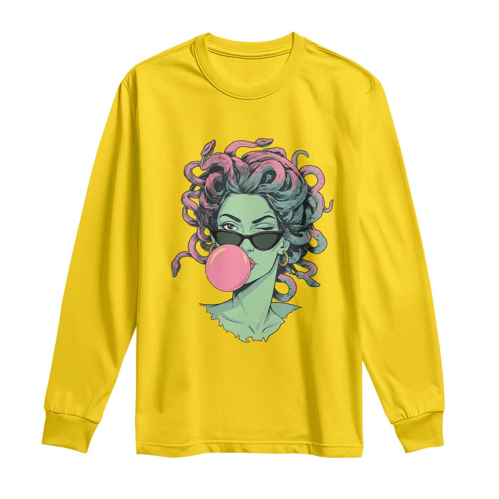 Winking Medusa In Sunglasses Blowing Bubble Gum Long Sleeve Shirt Funny Greek Mythology Pop Art