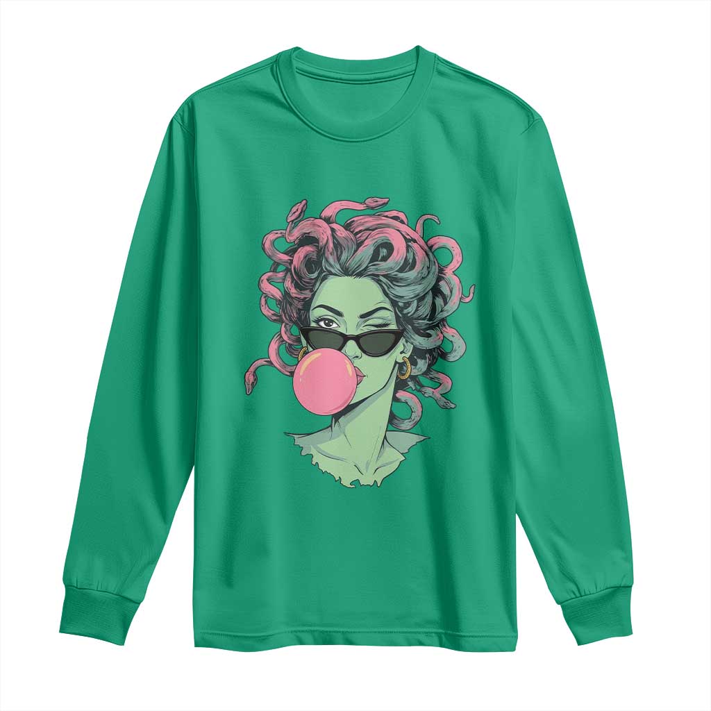 Winking Medusa In Sunglasses Blowing Bubble Gum Long Sleeve Shirt Funny Greek Mythology Pop Art
