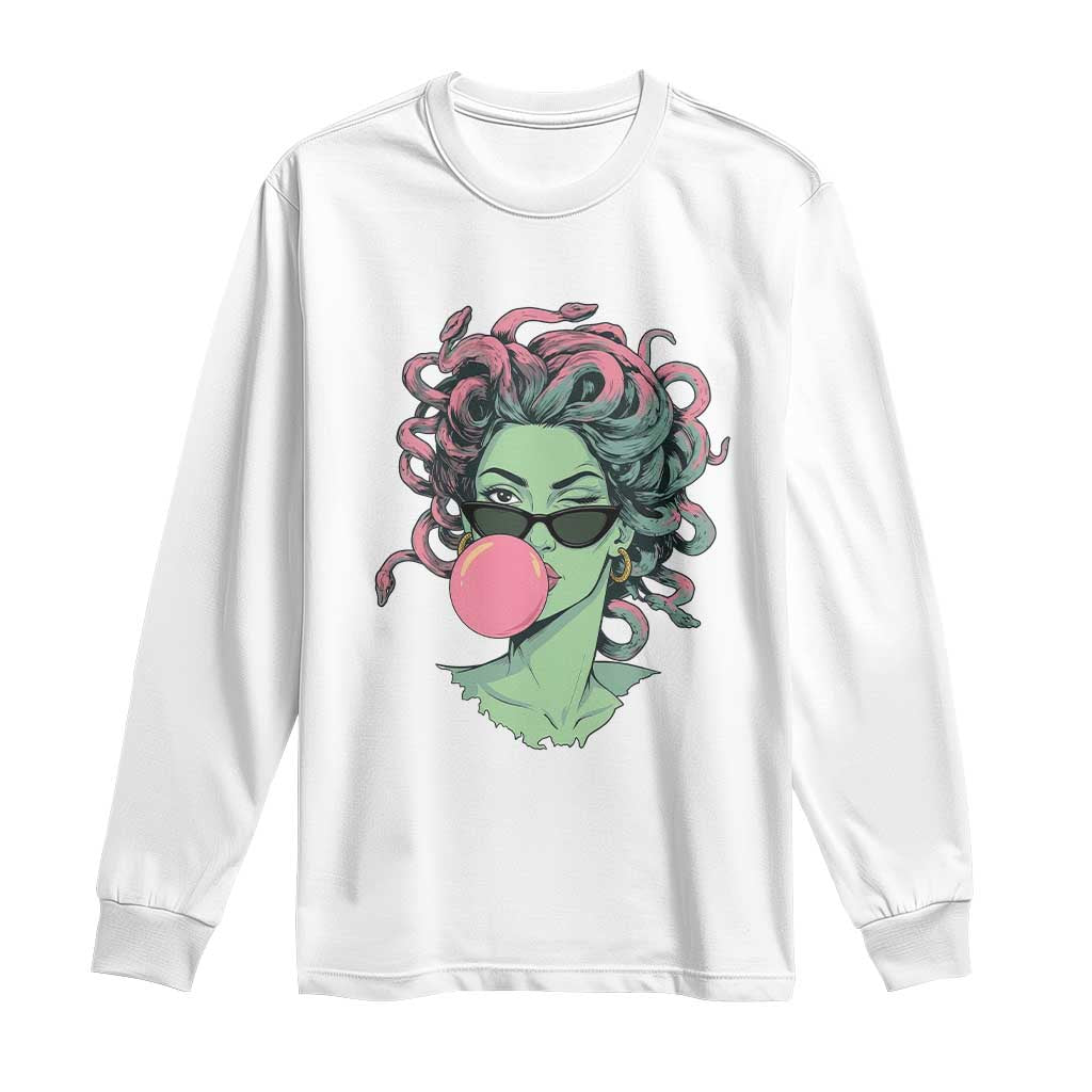 Winking Medusa In Sunglasses Blowing Bubble Gum Long Sleeve Shirt Funny Greek Mythology Pop Art