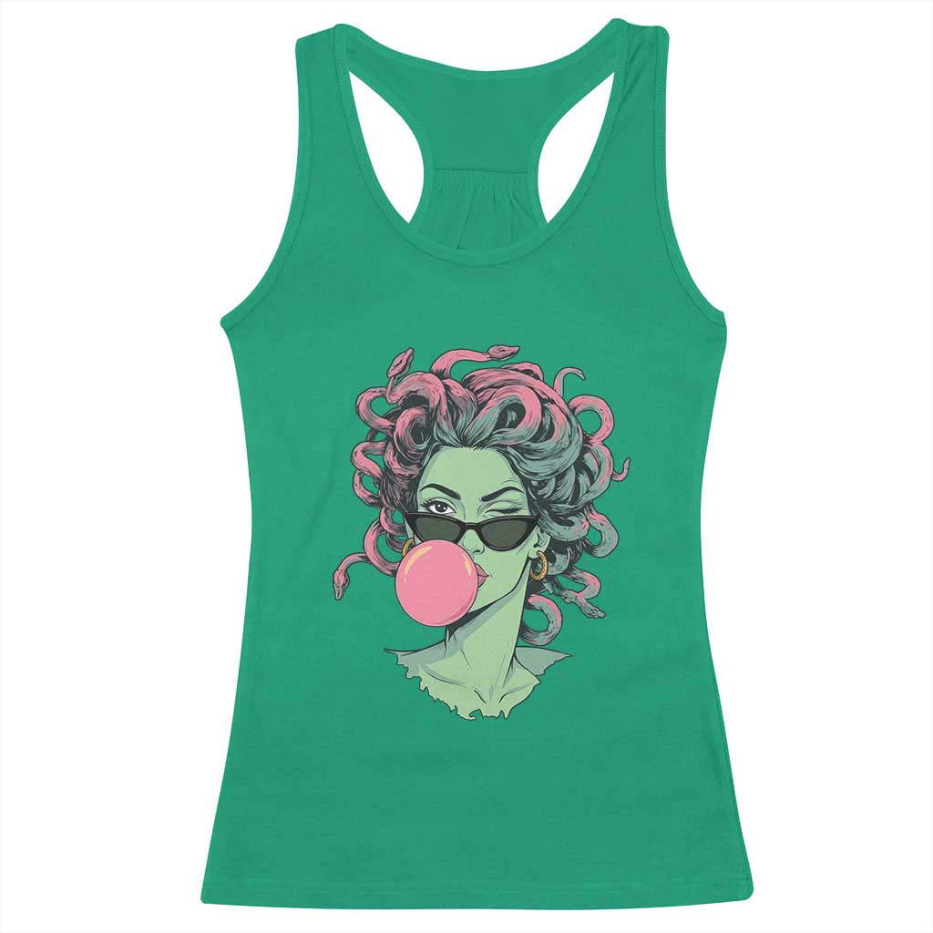 Winking Medusa In Sunglasses Blowing Bubble Gum Racerback Tank Top Funny Greek Mythology Pop Art