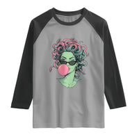 Winking Medusa In Sunglasses Blowing Bubble Gum Raglan Shirt Funny Greek Mythology Pop Art