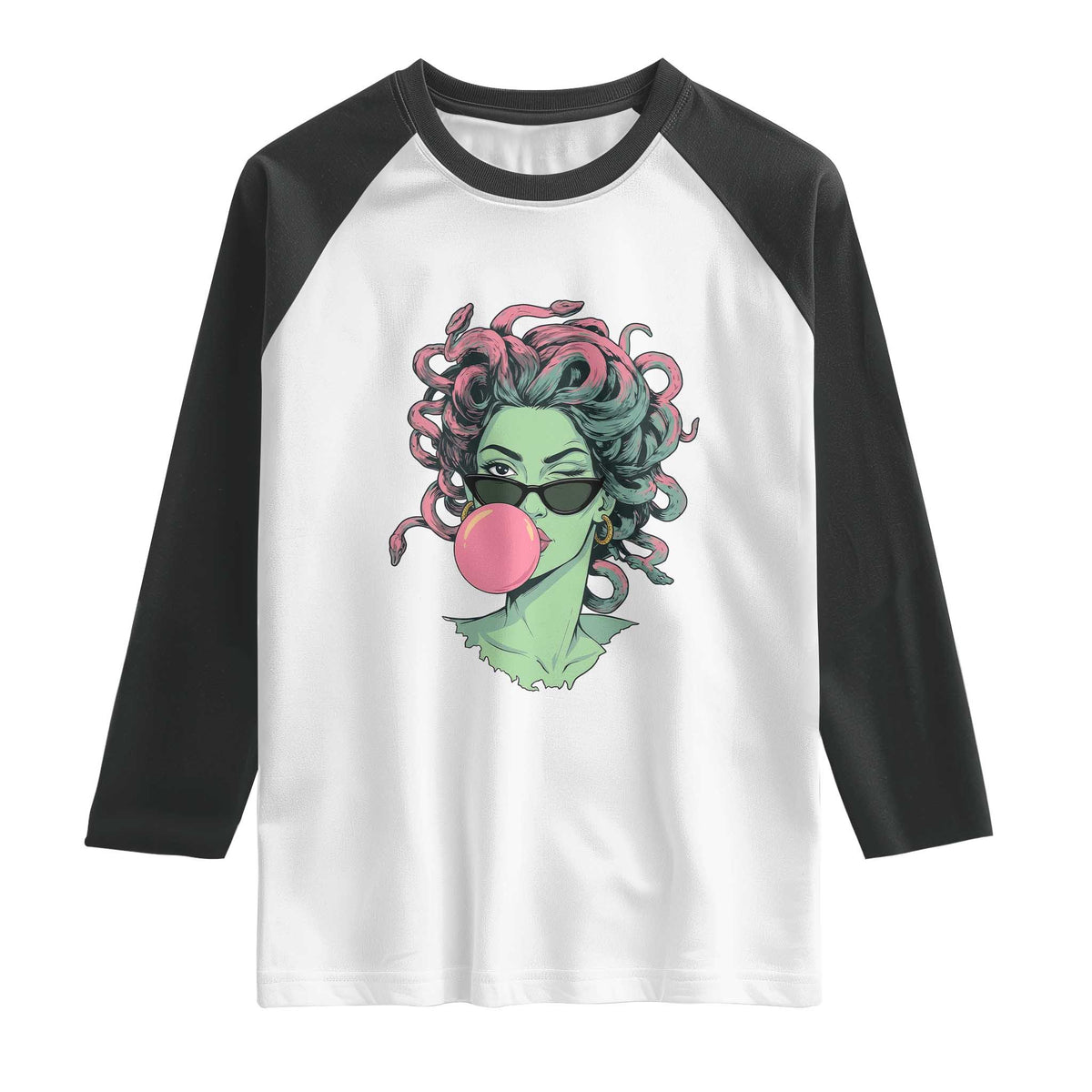 Winking Medusa In Sunglasses Blowing Bubble Gum Raglan Shirt Funny Greek Mythology Pop Art