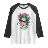 Winking Medusa In Sunglasses Blowing Bubble Gum Raglan Shirt Funny Greek Mythology Pop Art