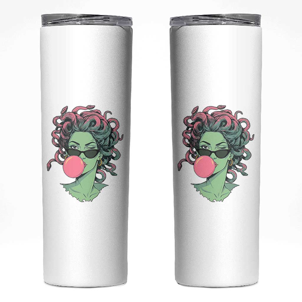 Winking Medusa In Sunglasses Blowing Bubble Gum Skinny Tumbler Funny Greek Mythology Pop Art