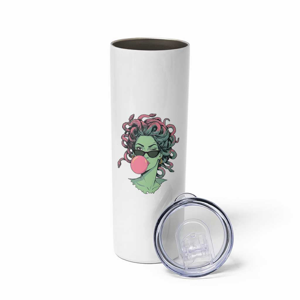 Winking Medusa In Sunglasses Blowing Bubble Gum Skinny Tumbler Funny Greek Mythology Pop Art