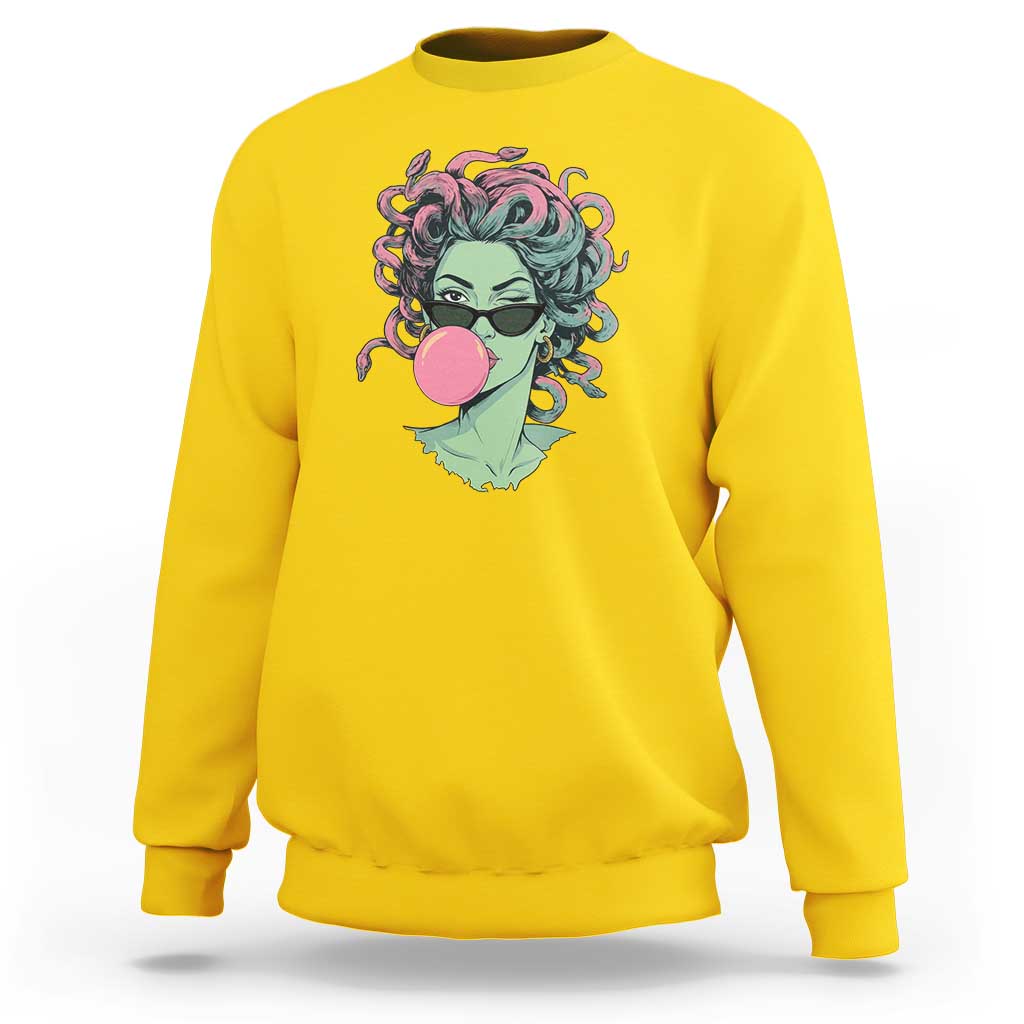 Winking Medusa In Sunglasses Blowing Bubble Gum Sweatshirt Funny Greek Mythology Pop Art