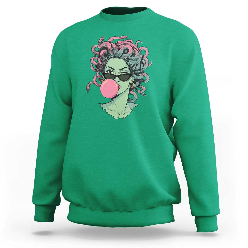 Winking Medusa In Sunglasses Blowing Bubble Gum Sweatshirt Funny Greek Mythology Pop Art