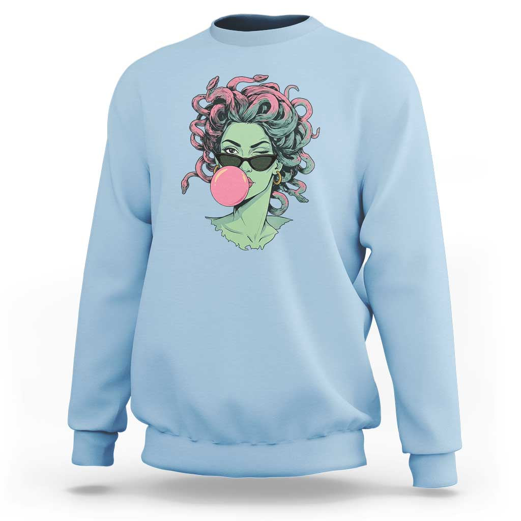 Winking Medusa In Sunglasses Blowing Bubble Gum Sweatshirt Funny Greek Mythology Pop Art