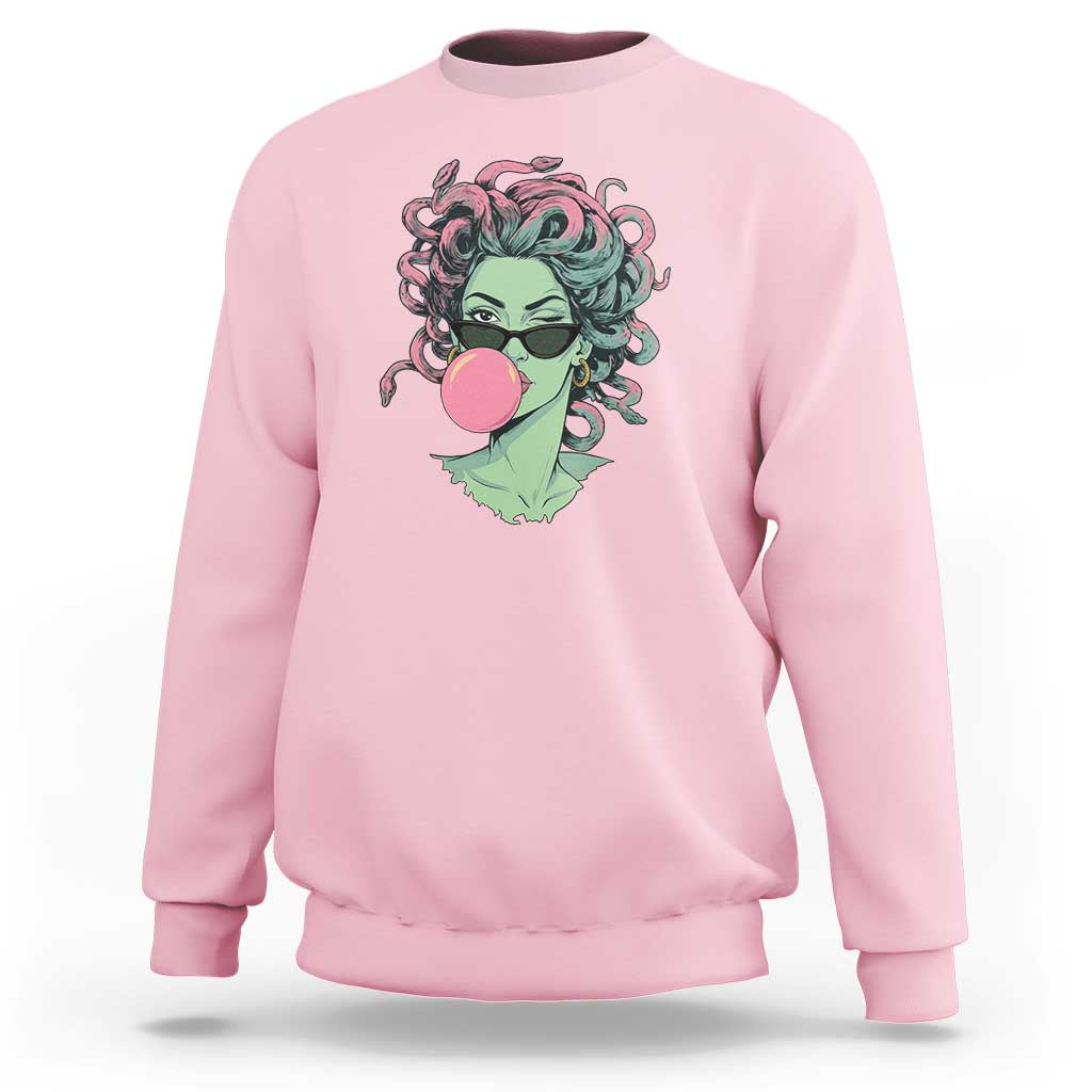 Winking Medusa In Sunglasses Blowing Bubble Gum Sweatshirt Funny Greek Mythology Pop Art