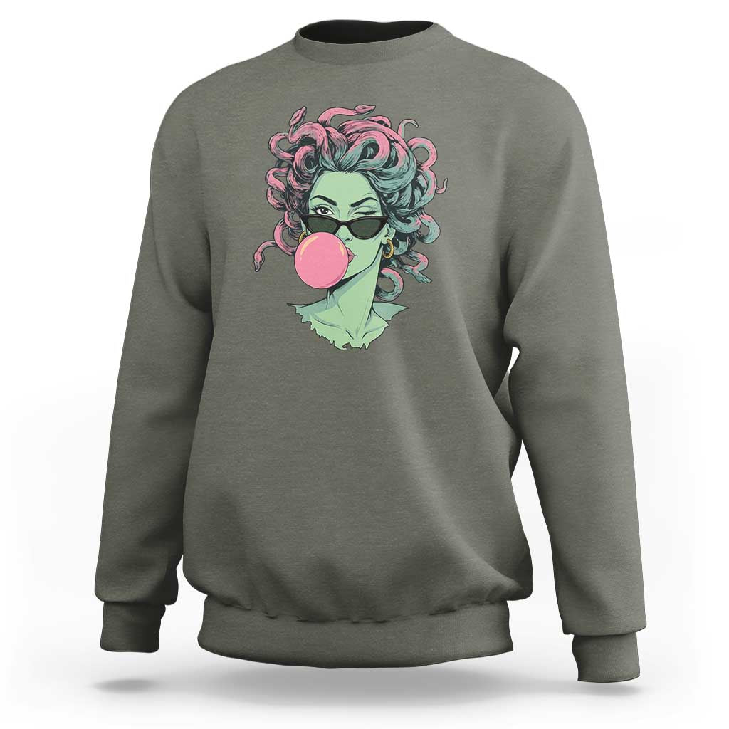 Winking Medusa In Sunglasses Blowing Bubble Gum Sweatshirt Funny Greek Mythology Pop Art