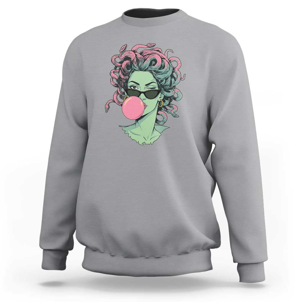 Winking Medusa In Sunglasses Blowing Bubble Gum Sweatshirt Funny Greek Mythology Pop Art