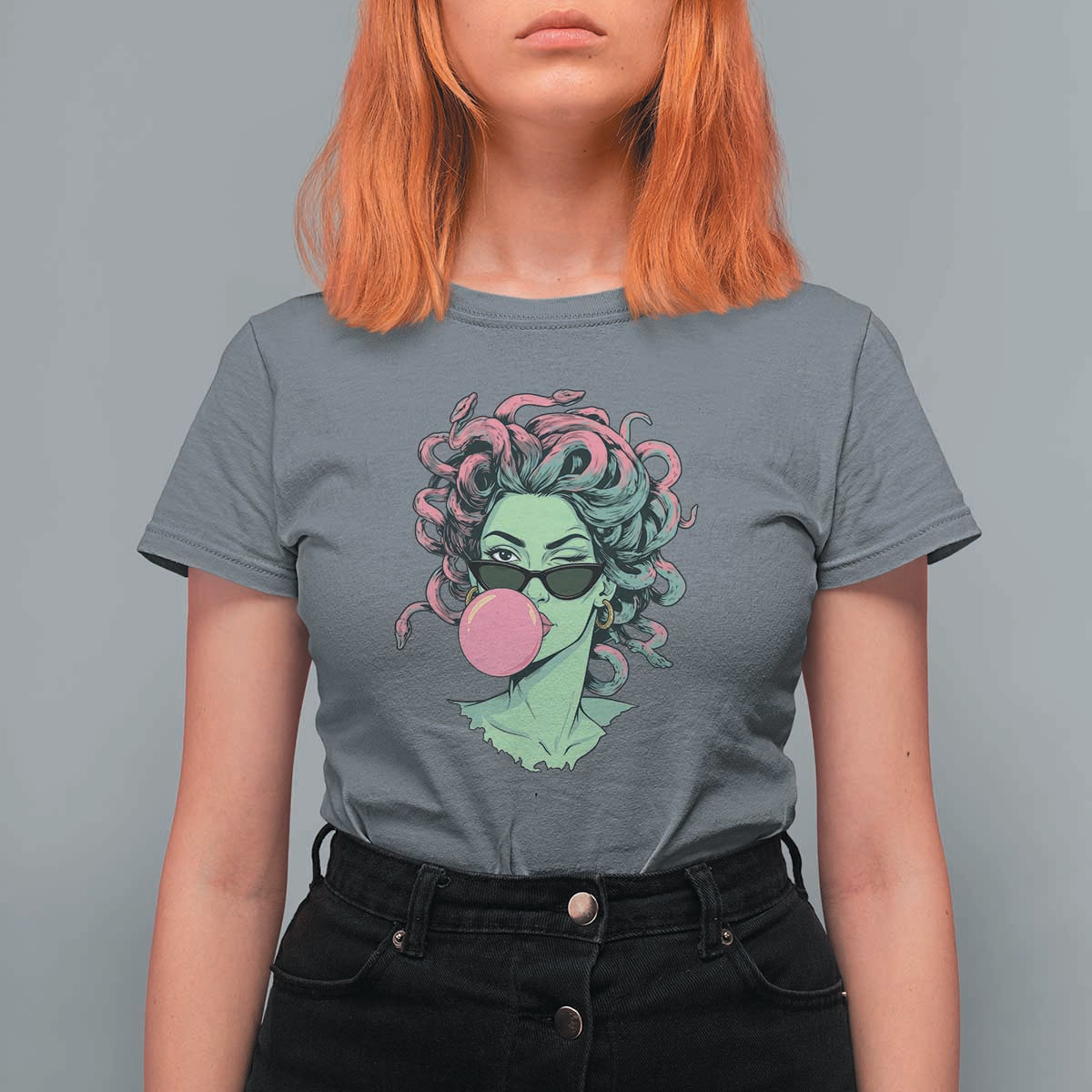 Winking Medusa In Sunglasses Blowing Bubble Gum T Shirt For Women Funny Greek Mythology Pop Art