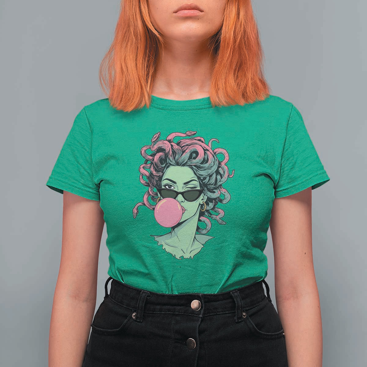 Winking Medusa In Sunglasses Blowing Bubble Gum T Shirt For Women Funny Greek Mythology Pop Art