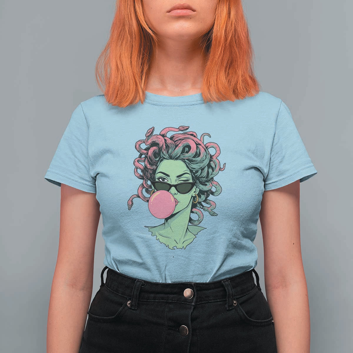 Winking Medusa In Sunglasses Blowing Bubble Gum T Shirt For Women Funny Greek Mythology Pop Art