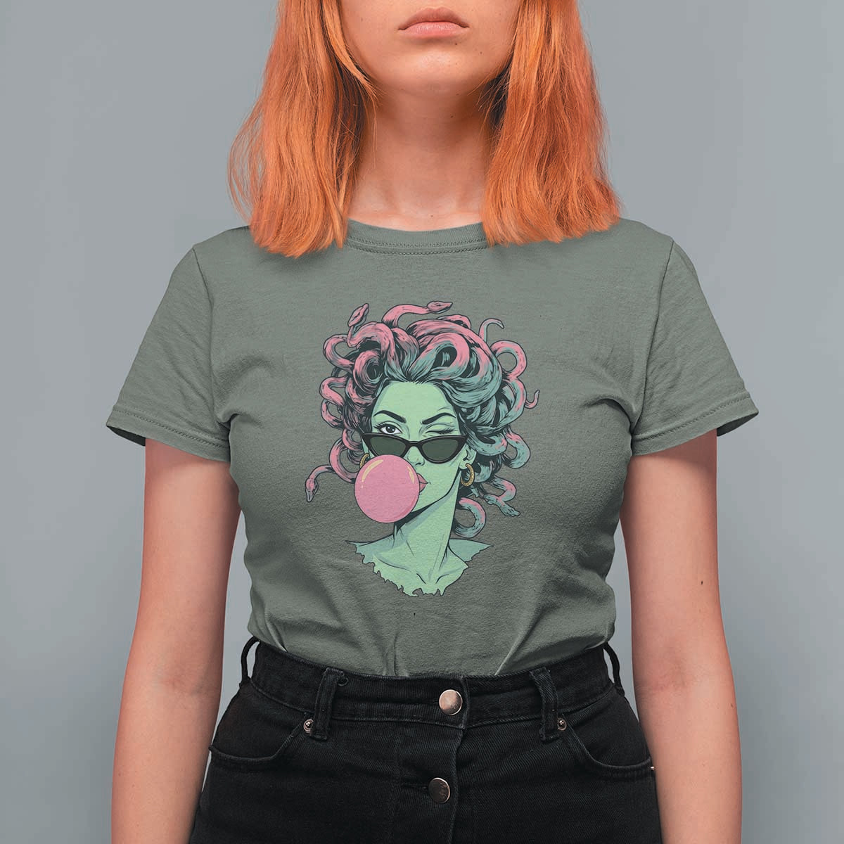 Winking Medusa In Sunglasses Blowing Bubble Gum T Shirt For Women Funny Greek Mythology Pop Art