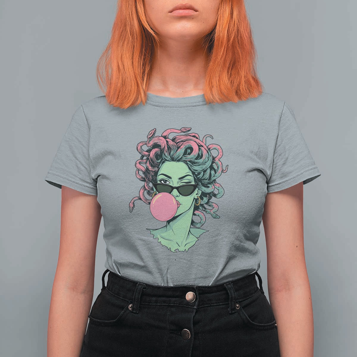 Winking Medusa In Sunglasses Blowing Bubble Gum T Shirt For Women Funny Greek Mythology Pop Art