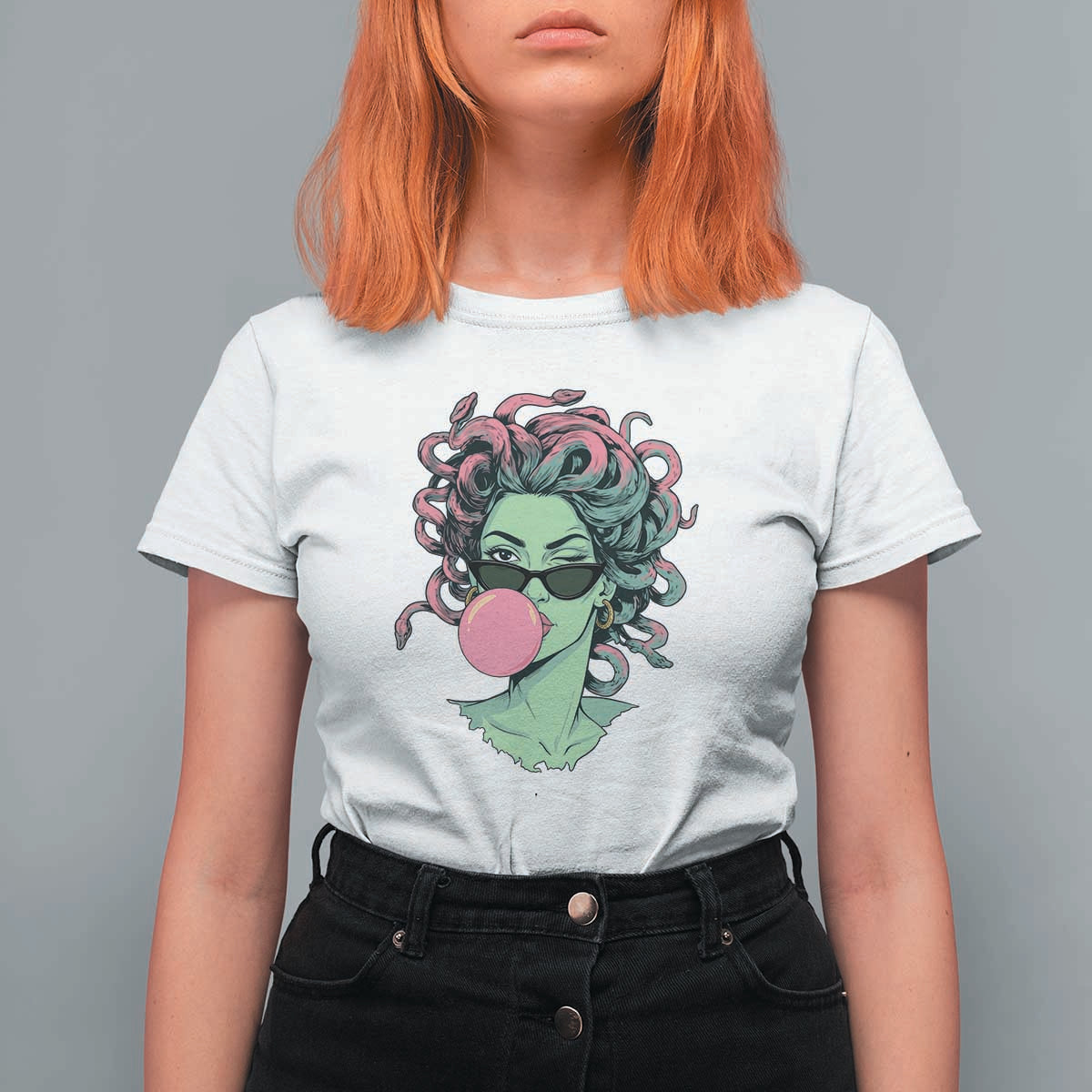 Winking Medusa In Sunglasses Blowing Bubble Gum T Shirt For Women Funny Greek Mythology Pop Art
