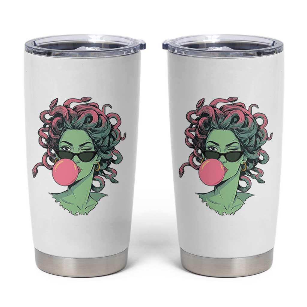 Winking Medusa In Sunglasses Blowing Bubble Gum Tumbler Cup Funny Greek Mythology Pop Art