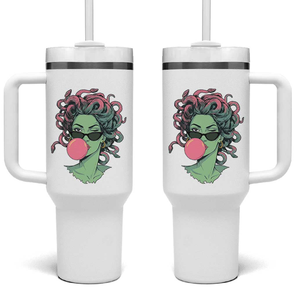 Winking Medusa In Sunglasses Blowing Bubble Gum Tumbler With Handle Funny Greek Mythology Pop Art