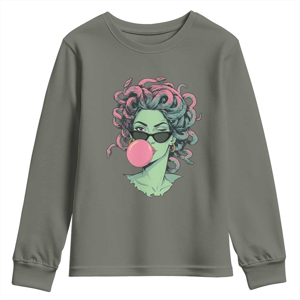 Winking Medusa In Sunglasses Blowing Bubble Gum Youth Sweatshirt Funny Greek Mythology Pop Art