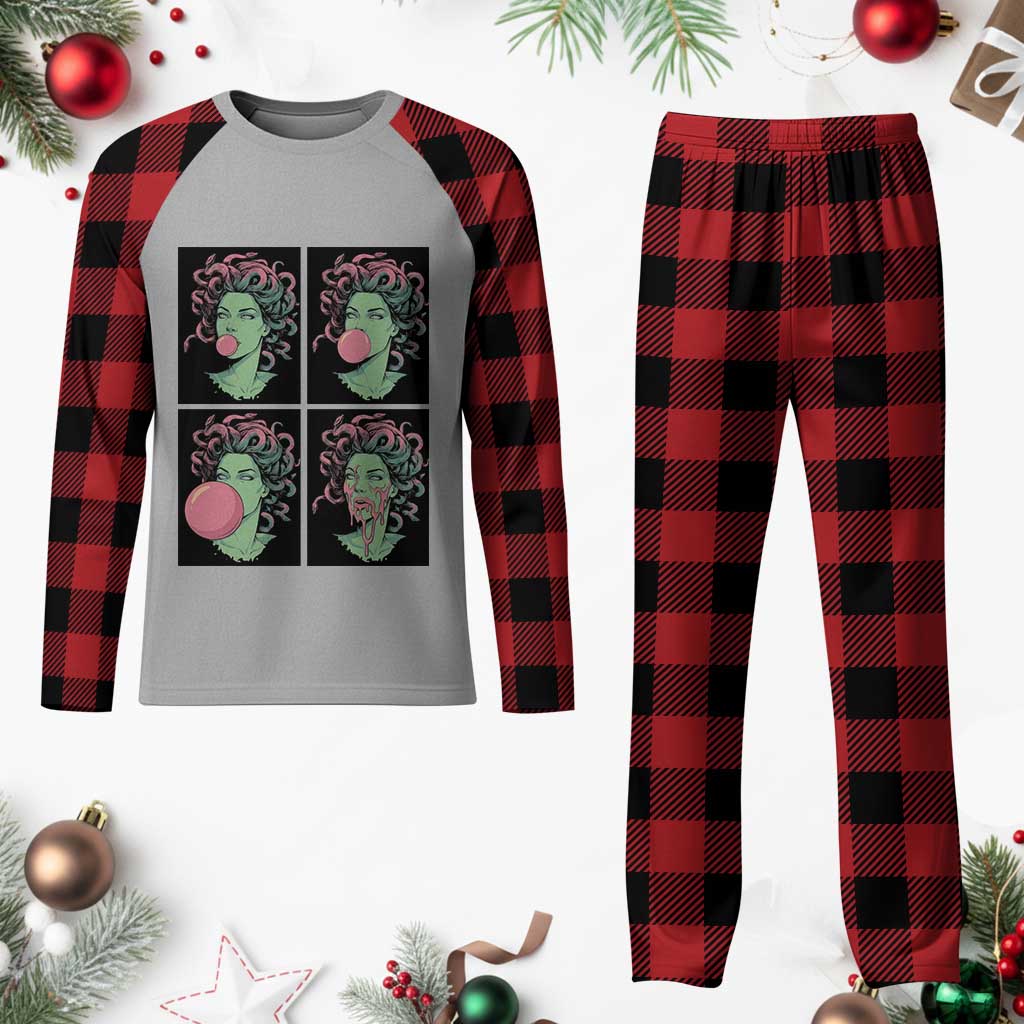 Funny Medusa Blowing Bubble Gum Plaid Pajama Set Greek Mythology Pop Art Gift