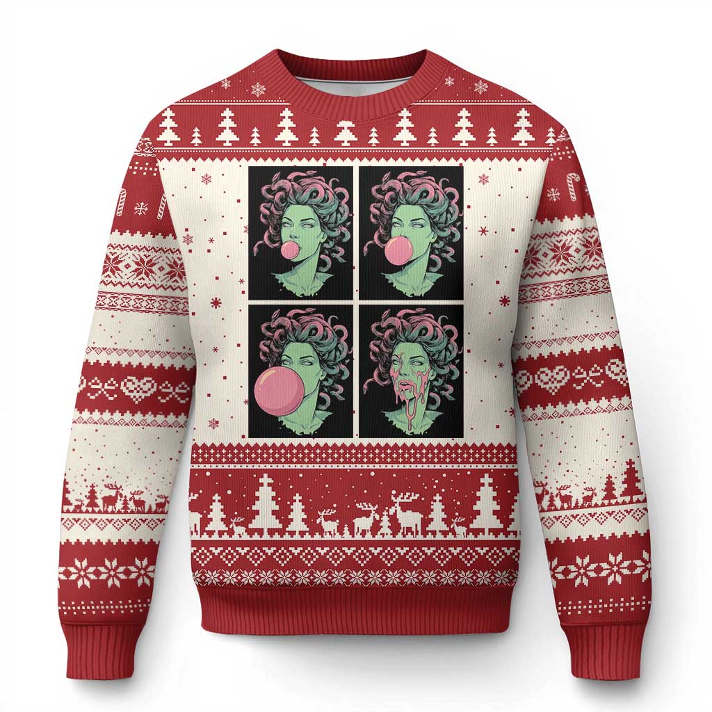 Funny Medusa Blowing Bubble Gum Ugly Christmas Sweater Greek Mythology Pop Art Gift