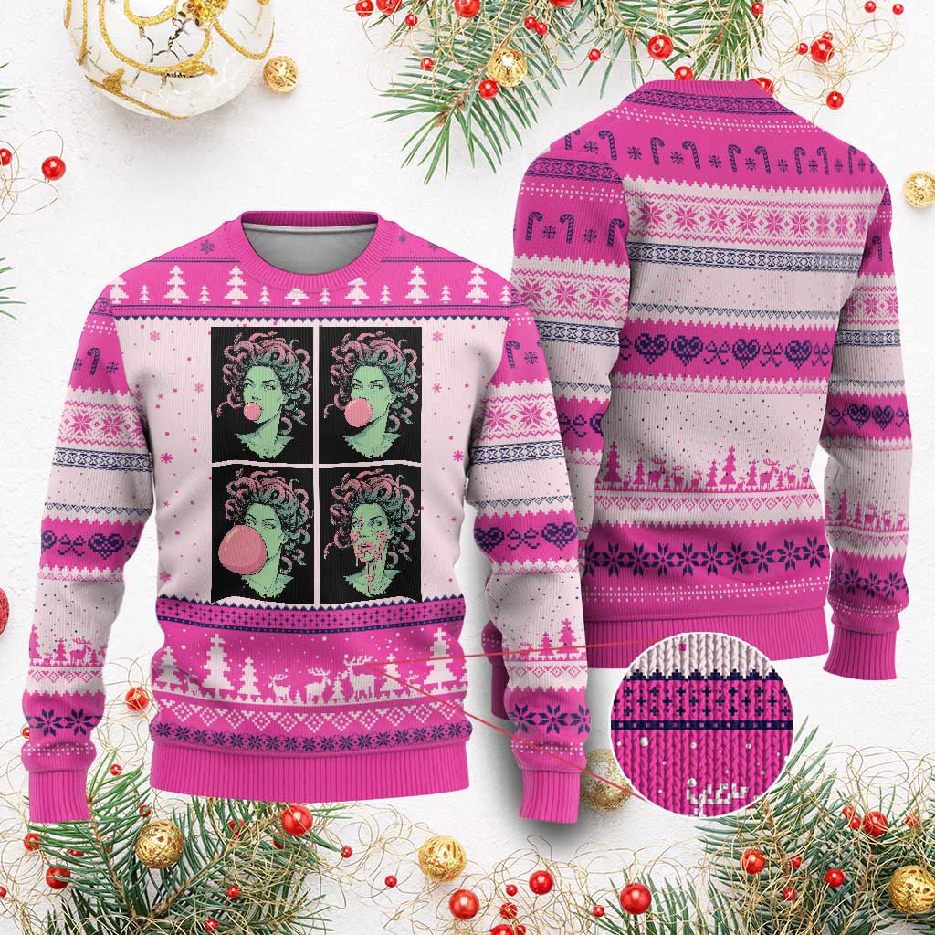 Funny Medusa Blowing Bubble Gum Ugly Christmas Sweater Greek Mythology Pop Art Gift