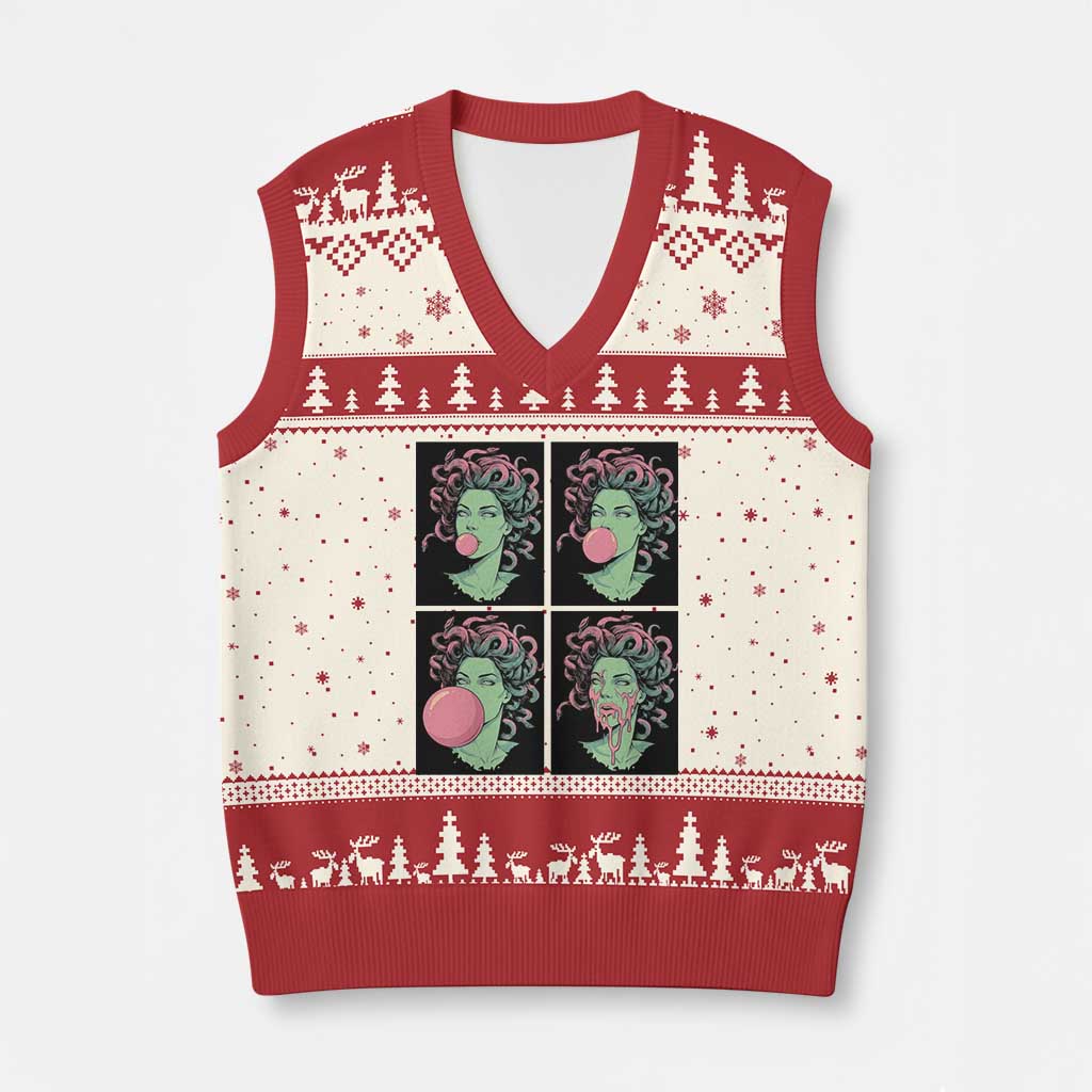 Funny Medusa Blowing Bubble Gum V-Neck Knit Sweater Vest Greek Mythology Pop Art Gift