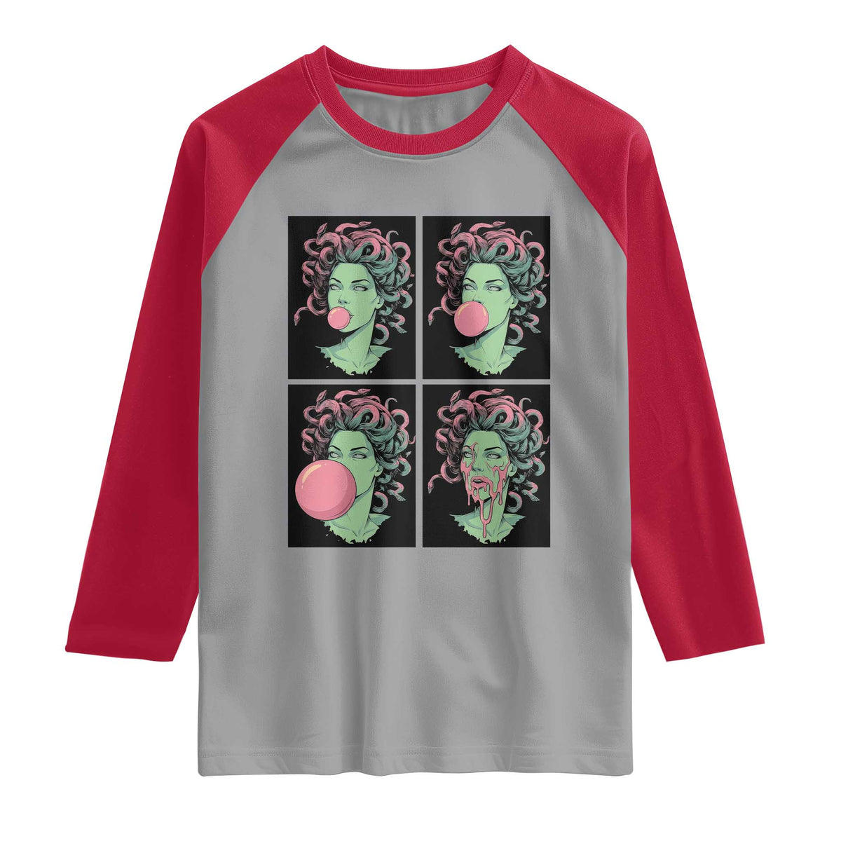 Funny Medusa Blowing Bubble Gum Raglan Shirt Greek Mythology Pop Art Gift