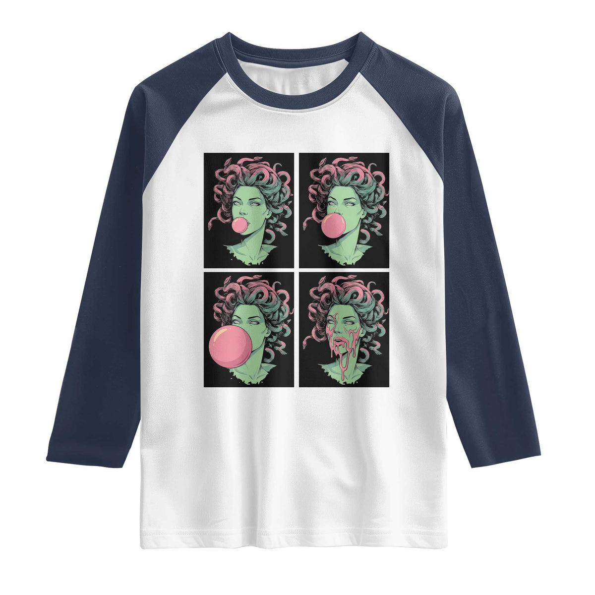 Funny Medusa Blowing Bubble Gum Raglan Shirt Greek Mythology Pop Art Gift