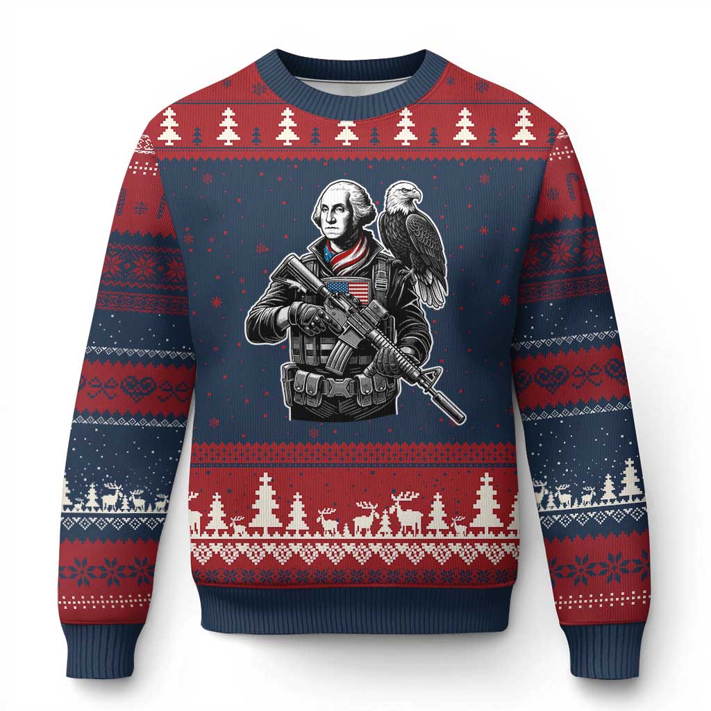George Washington Tactical Soldier Ugly Christmas Sweater Military Patriot Bald Eagle USA Flag Gift