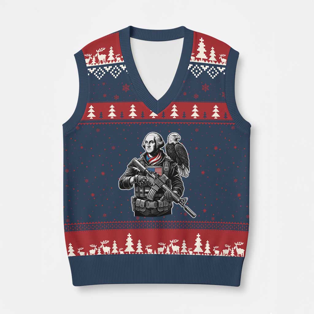 George Washington Tactical Soldier V-Neck Knit Sweater Vest Military Patriot Bald Eagle USA Flag Gift