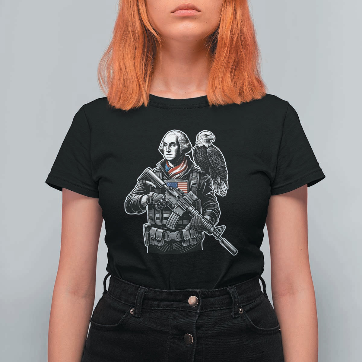 George Washington Tactical Soldier T Shirt For Women Military Patriot Bald Eagle USA Flag Gift