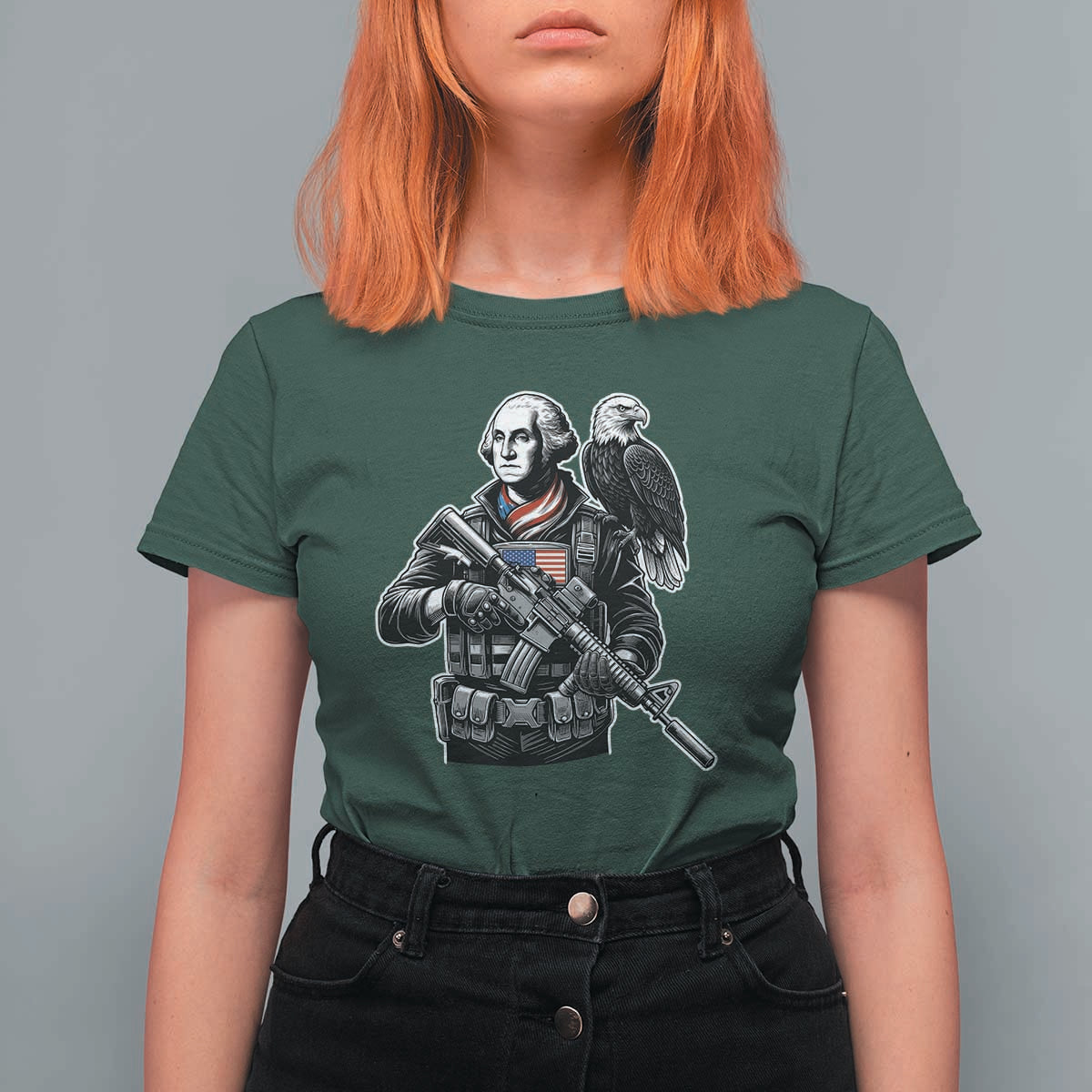 George Washington Tactical Soldier T Shirt For Women Military Patriot Bald Eagle USA Flag Gift