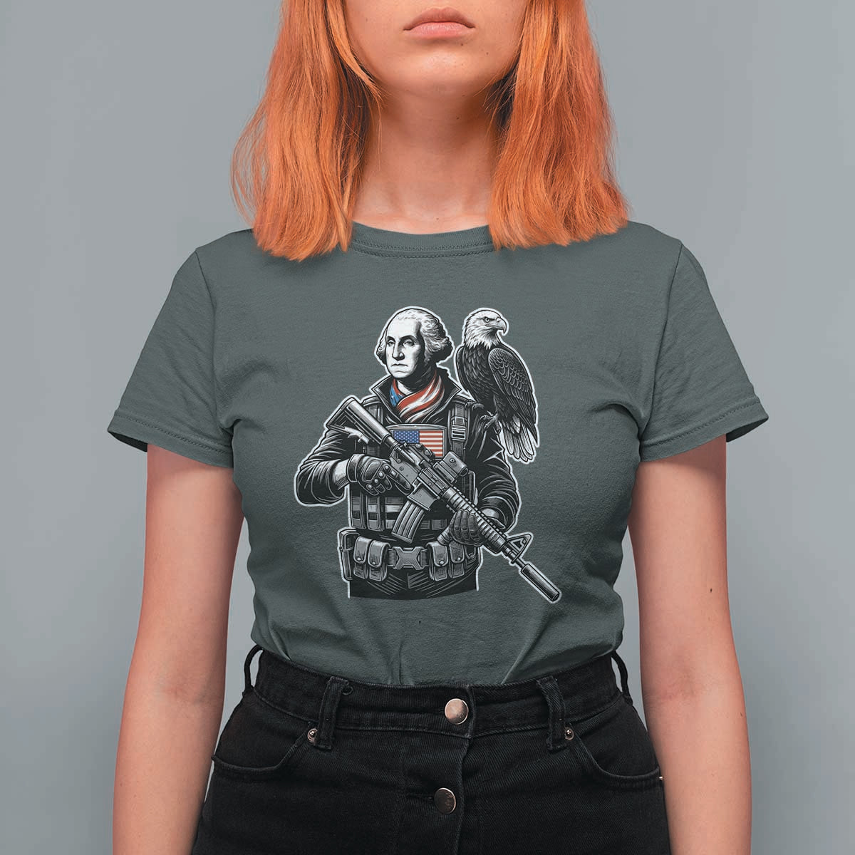 George Washington Tactical Soldier T Shirt For Women Military Patriot Bald Eagle USA Flag Gift